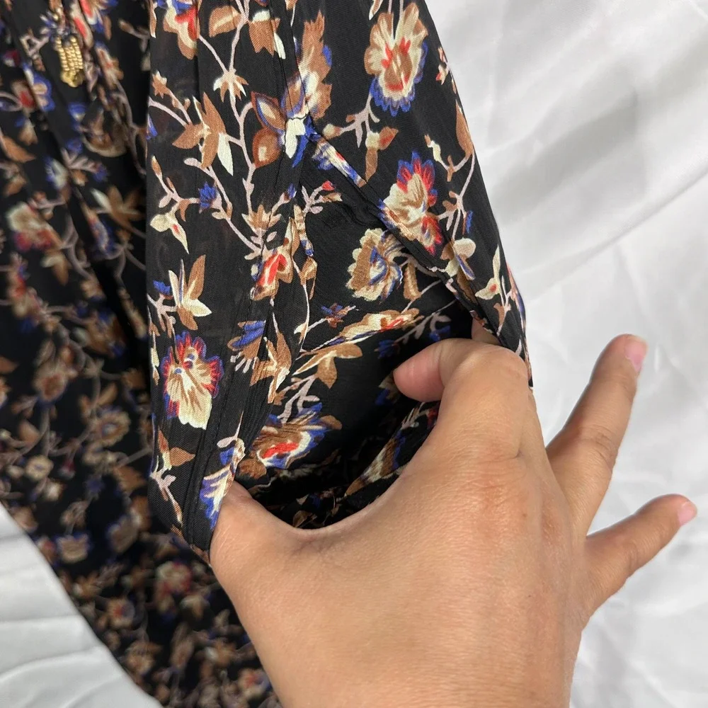 Free People Floral Sleeveless Jumpsuit‎ Black Boho Button Front Pockets sheer